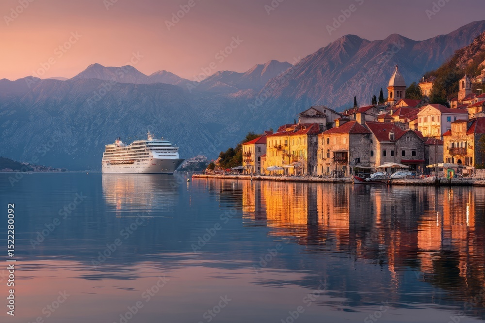 Best Cruise Destinations in June. Large cruise ship near a coastal village with stone houses, calm water, and mountain backdrop, travel and tourism concept. Best Cruise Destinations in June. Large cruise ship near a coastal village with stone houses, calm water, and mountain backdrop, travel and tourism concept.