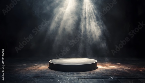 Empty circular stage platform with dramatic lighting.