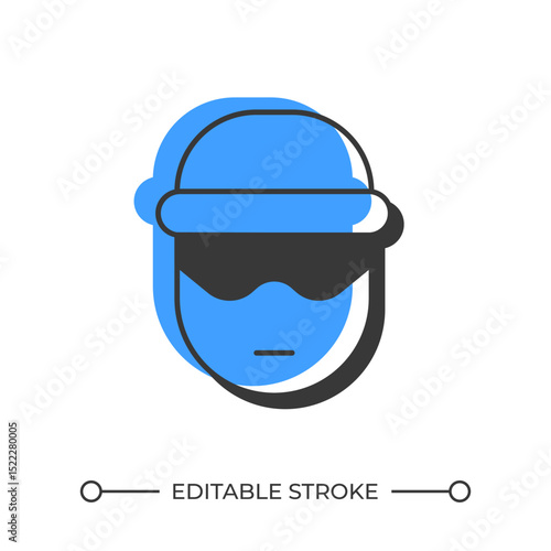 Thief offset shadow line icon. Criminal person with mask and hat. Robber detection system. Security service. Bold outline symbol with solid blue fill. Modern flat illustration. Editable stroke
