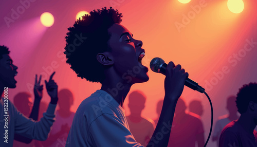 Energetic black teen singing passionately on stage, celebration of music