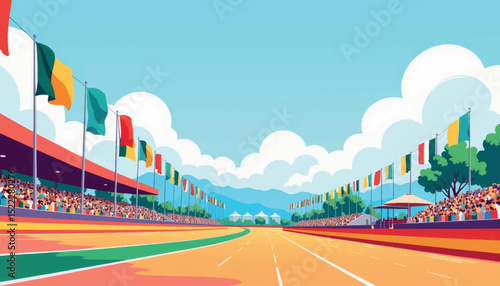 Colorful contrada flags lining vibrant racetrack, festive atmosphere