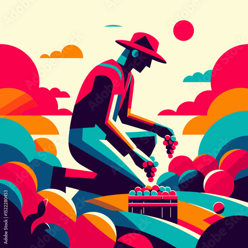 Worker sorting grapes by hand, with a vibrant mood, in a colorful vineyard