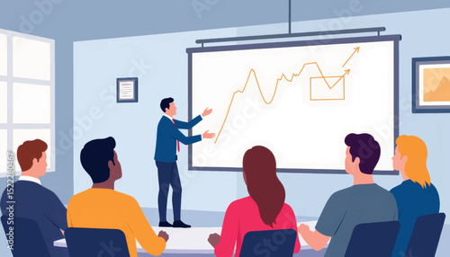 Entrepreneur presenting pitch deck to investors in modern office, collaboration