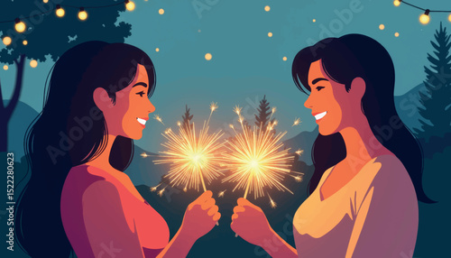 Friends celebrating with sparklers under twinkling lights, joy and unity