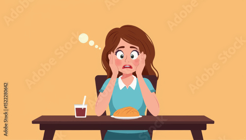 Frustrated woman sitting at dining table with food, emotional struggle