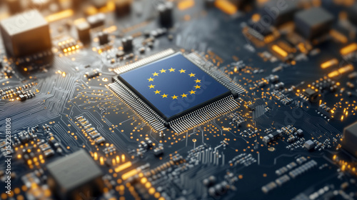 Close-up of a microchip with the EU flag, symbolizing Europe's advancements in technology and digital sovereignty.
