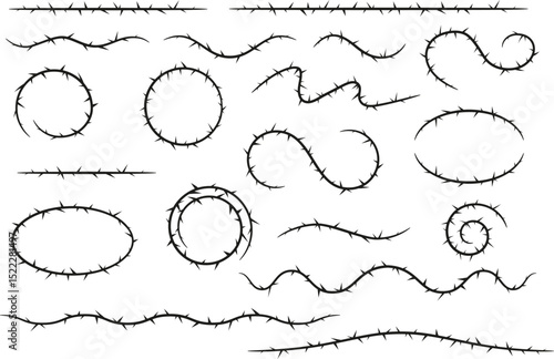 Barbwire, thorny frames different shapes vector set, wreath, barb line silhouettes, round curly and wavy sharp torn stem