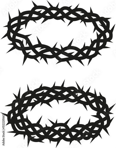 Set of oval blank frames with black thorn border with sharp spikes, abstract.