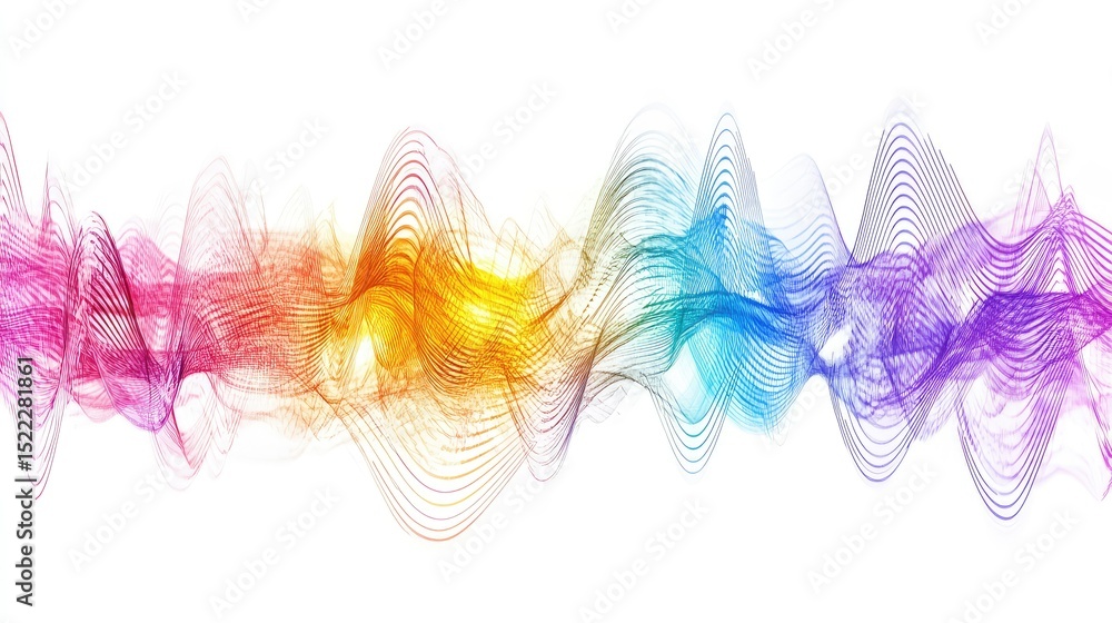 Obraz premium Abstract colorful wave patterns with varying opacity and symmetry, creating a dynamic visual representation of sound frequencies and vibrations in a modern digital art style.