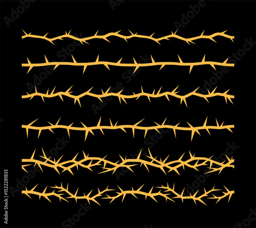 Barbwire, thorny orange frame vector illustrations set, prison, boundary barb lines, sharp fence, torn stem rusty design