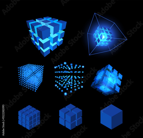 Vector illustration of energy blue cubes set, different shapes, glowing with neon light.