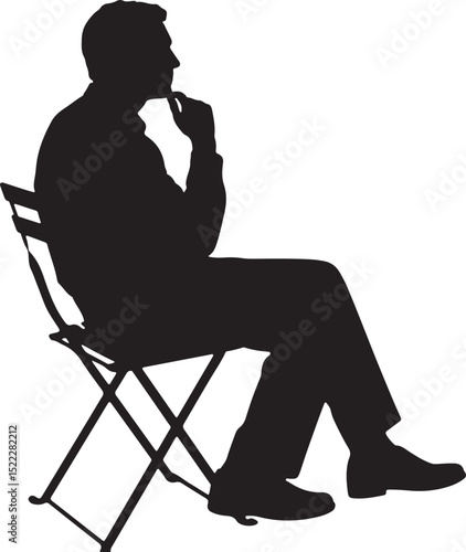 Pensive man sitting on folding chair deep in thought vector illustration
