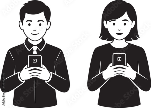 Black and white illustration of a man and woman using smartphones happily