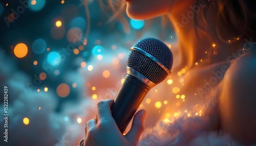 ファンタジーストーリー（スタンドマイクにそっと身を預け、澄んだ歌声で心の奥まで優しく満たす女性シンガー）