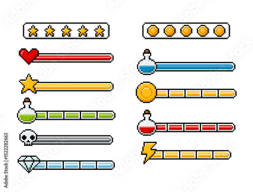 Progress bar game menu items pixel art Y2K vector set, retro level scales for ui game design user interface, gauge score