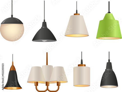 Vector set of ceiling lamps with lampshades of different shapes and colors.