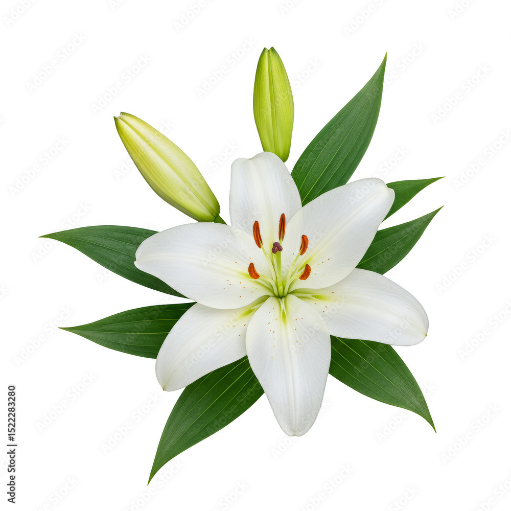 Isolated Transparent Background of White Lily Flower with Green Leaves Isolated Transparent Background of White Lily Flower with Green Leaves
