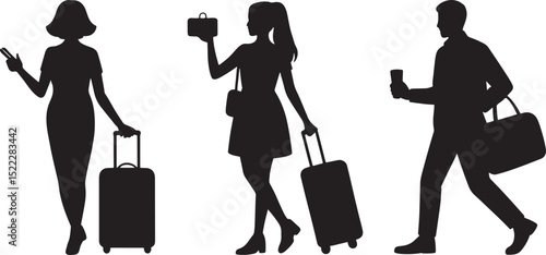 Silhouette travelers with luggage and accessories representing business and leisure travel