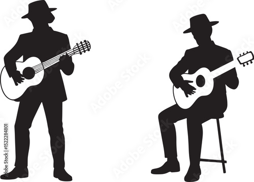 Two silhouette musicians playing acoustic guitars wearing hats isolated against a white background