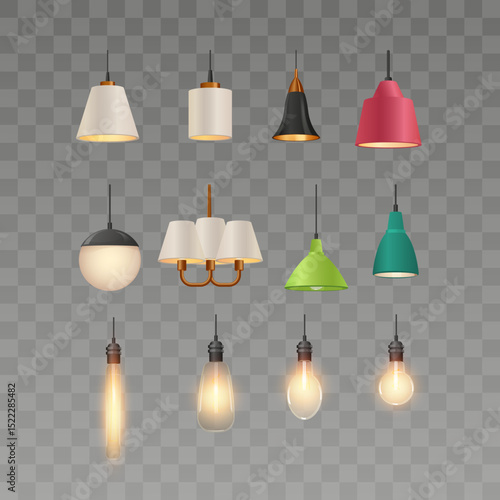 Ceiling lamps with different lampshade and light bulb, realistic hanging chandelier switch on, illumination vector set