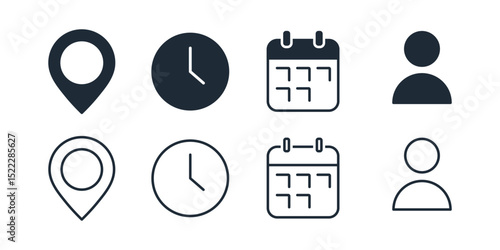Person, time, date, location, place of event. Set of vector linear icons illustrations isolated on white background.