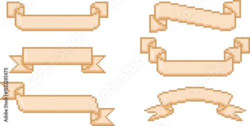 Ribbon banners pixel art Y2K vector set, cartoon vintage tape frames with squared contour, sticker for promotion design