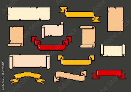 Ribbon banners, ancient parchment roll, old paper blank scroll different colors pixel art, 8 bit tape frames vector set