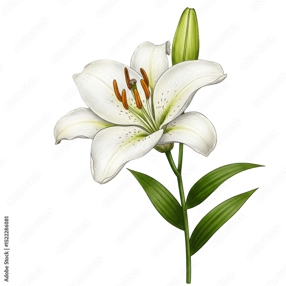 Obraz premium Lily Illustration White Floral Bloom on Transparent Background Detailed