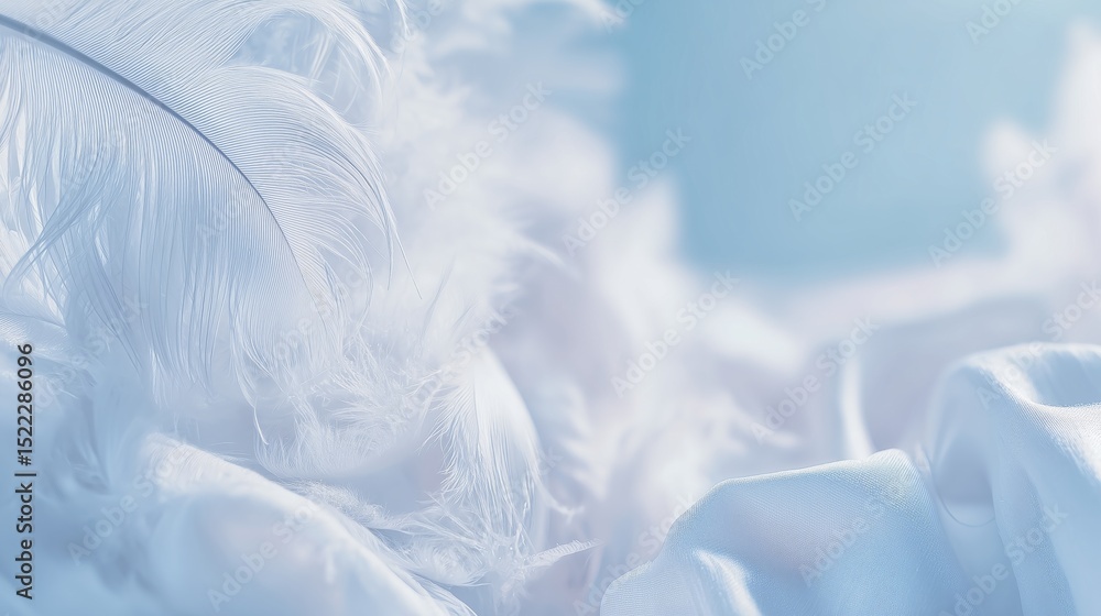 Obraz premium A top view of white feathers on white fabric background, a feather floating in the air, minimal composition