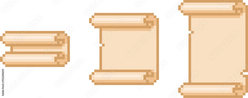 Ancient vertical parchment roll, old paper blank scroll pixel art vector set, convolute antique papyrus document sheet Ancient vertical parchment roll, old paper blank scroll pixel art vector set, convolute antique papyrus document sheet