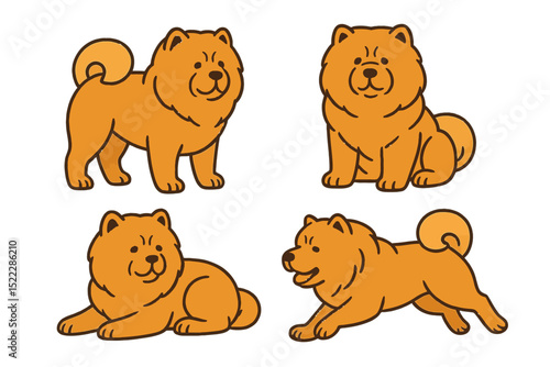 Illustrations of four Chow Chow dogs in various poseson a transparent background 