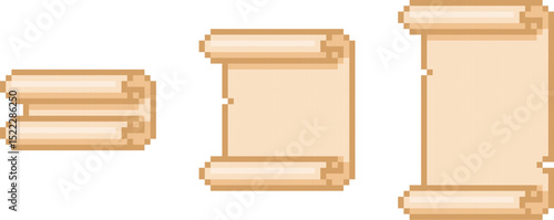 Ancient vertical parchment roll, old paper blank scroll pixel art vector set, convolute antique papyrus document sheet