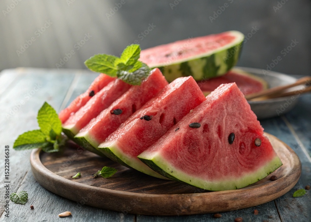 slices of organic watermelon on a wooden plate with mint leaves slices of organic watermelon on a wooden plate with mint leaves