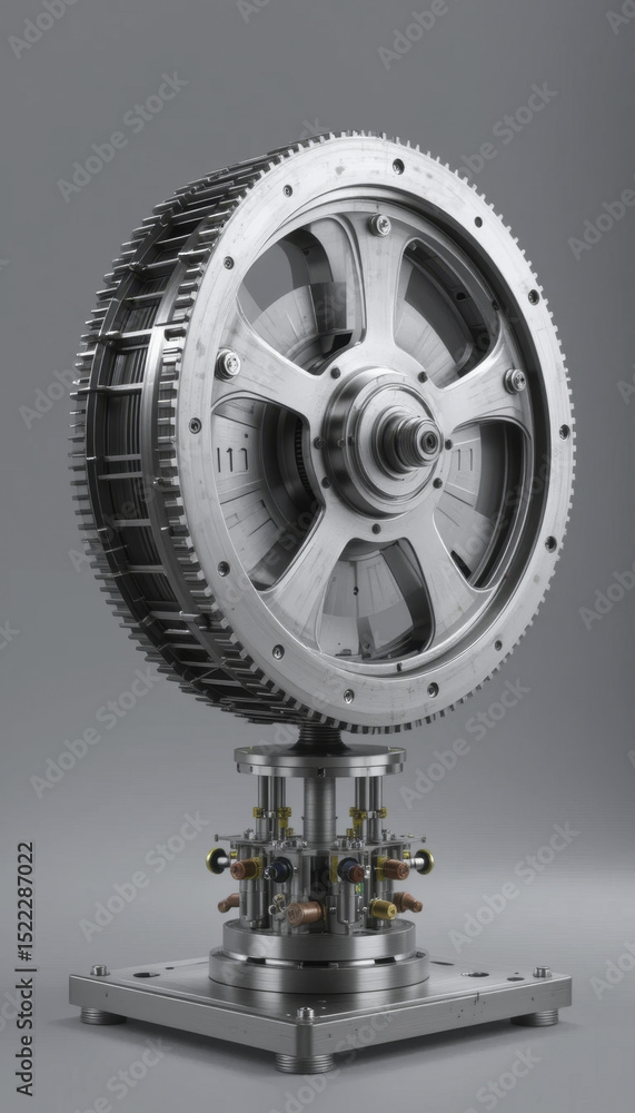 Fototapeta premium This features detailed view of metallic industrial machine component, possibly turbine or motor, showcasing intricate engineering and mechanical design. component is mounted sturdy base