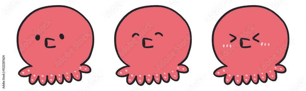 タコのゆるいキャラクターイラスト、表情3種セット タコのゆるいキャラクターイラスト、表情3種セット