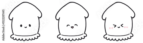 イカのゆるいキャラクターイラスト、表情3種セット