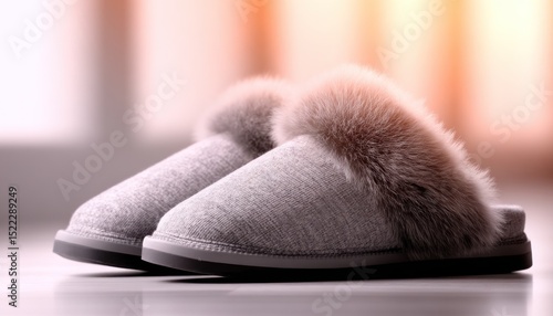 Gray fuzzy slippers on a reflective surface