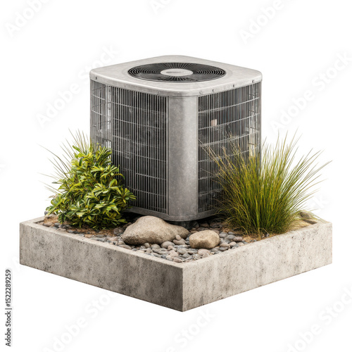 Air conditioner unit with stone and plants in concrete base isolated on transparent background