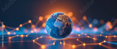 Global Connectivity. A Blue Earth with Glowing Networks Illuminating Continents.