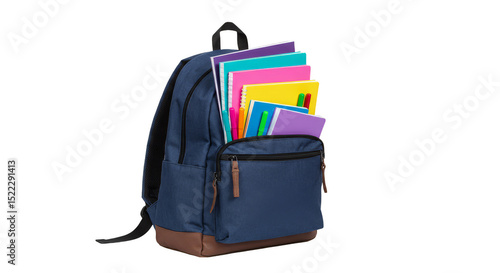 PNG Image of Backpack Overflowing with Books and School Supplies Isolated