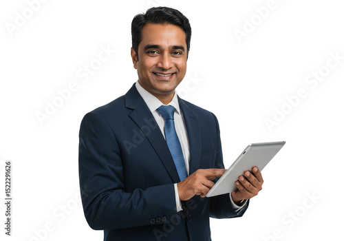 Smiling Indian Businessman Holding Tablet In a Navy Blue Suit PNG