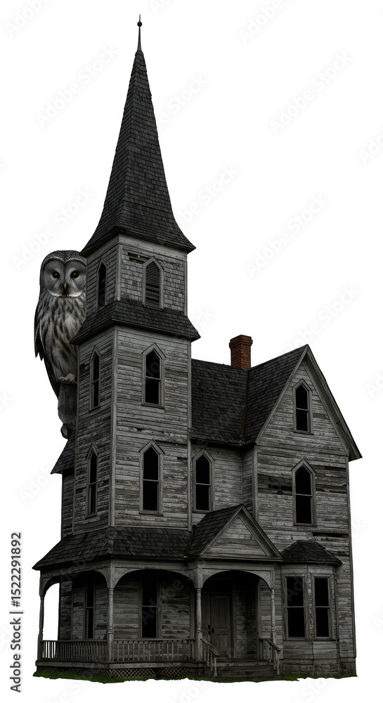 Spooky Haunted House With Owl Illustration on Transparent Background Spooky Haunted House With Owl Illustration on Transparent Background