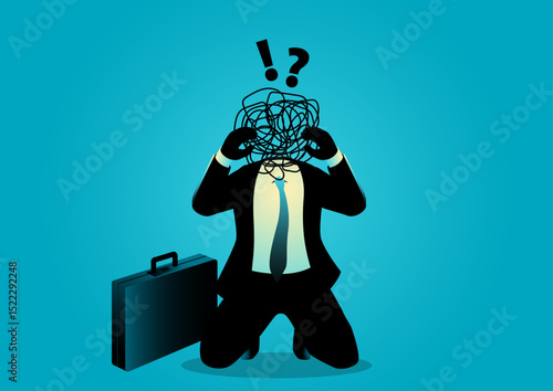 Vector illustration of a frustrated businessman kneeling with a tangled scribble for a head, symbolizing mental stress, burnout, confusion, or business related anxiety.