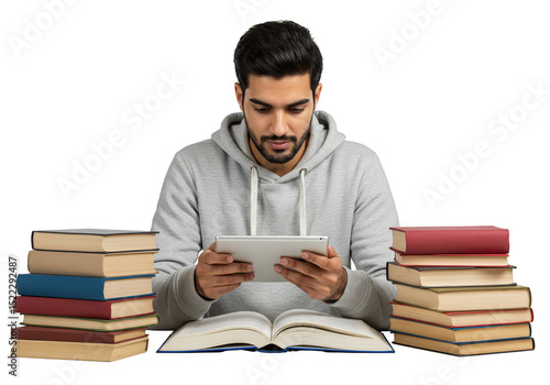 Student Studying with Tablet Among Books On Transparent Background Illustration