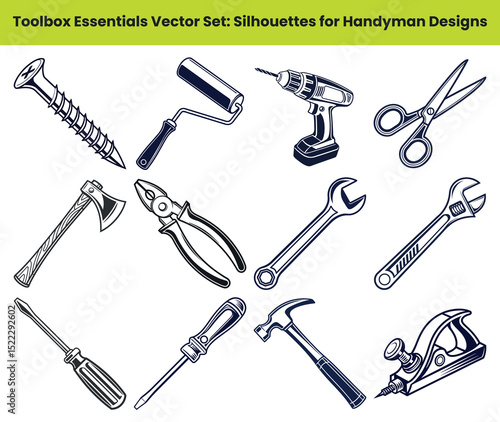 Toolbox Essential Tools Set, Screw, Paint Roller, Drill, Scissor, Ax, Pliers, Wrench