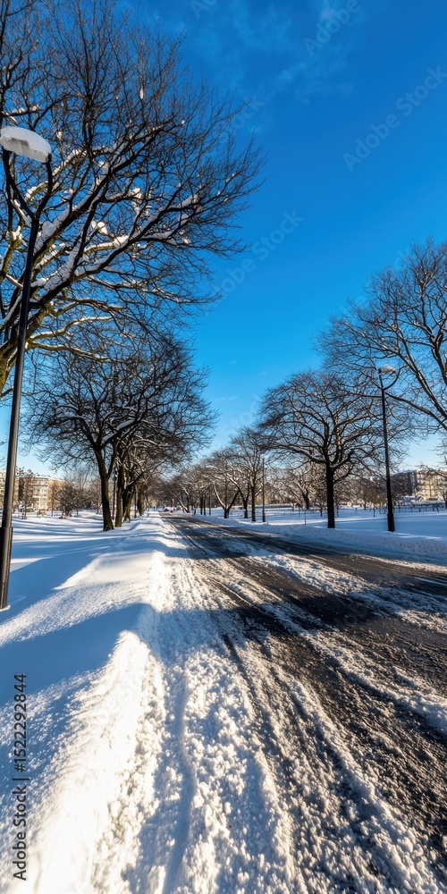 Obraz premium A snow-covered road lined with leafless trees under a clear blue sky on a sunny winter day.
