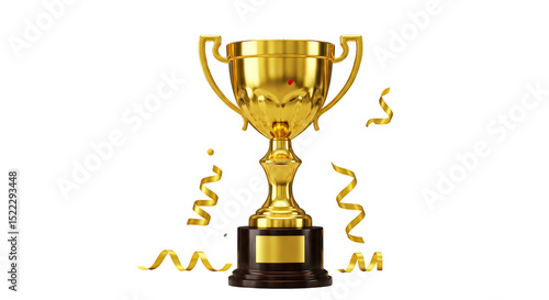 Realistic Image of Golden Trophy Award with Confetti Isolated on Background