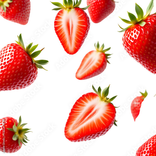 A scattered arrangement of fresh strawberries against a stark black background space