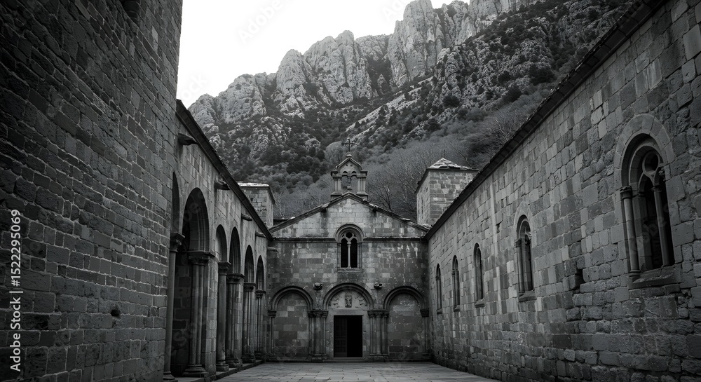 Fototapeta premium Ancient Monastery Courtyard Nestled in Majestic Mountains A Black and White Architectural Masterpiece