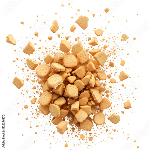 A top down shot of a pile of broken graham crackers on a black background scattered around